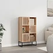 Highboard Cabinet 70x35x125 cm, Engineered Wood Storage Organizer with 3 Doors and 3 Shelves, Solid Pine Wood Doors and Iron Feet for Home, Office, Closet, and Wall Organization