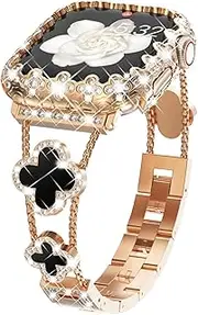 [WINGLE] for Apple Watch Bands Women 40mm 41mm 44mm 45mm with Bling Apple Watch Case Lace Edge Screen Protector, Sparkle Diamond Bracelet Cute 4 Leaf Clover Dressy iWatch Band Series 9 8 7 6 5 4 3 2 SE