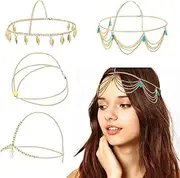 Pack of 4 Women's Gold Headchain, FUKPO Boho Headchain, Gold Hippie Oriental Headpiece, Gold Sun, Golden Head Chain, Hair Chain, Wedding Bridal Hair Accessories, Tassels, Headband, Festival Girls