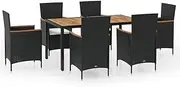 vidaXL 7-Piece Outdoor Dining Set - Sturdy Steel and Aluminum Frame with Acacia Wood Armrests and Table Top, Waterproof PE Rattan, Includes Black Chairs and Cream White Cushions