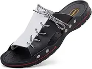 [BMMMOPGOKPOSA] Men's Casual Slippers, Leather Comfortable Outdoor Sandals, Fashion Lightweight Open Toe Beach Shoes for Walking Beach (White and Black 40)