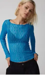 UO Out From Under Libby Sheer Long Sleeve Top Blue XS NWT D3/8
