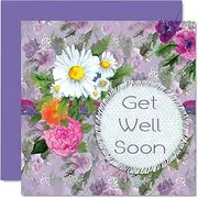 Get Well Soon Cards for Women Her - Get Well Soon Daisy Flowers - Get Well Cards for Men Him, Speedy Recovery Card, 145mm x 145mm Get Well Greeting Cards for Friend Brother Sister Work Colleague