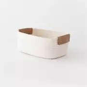 Small Cotton Woven Basket with PU Leather Handle, Baby Kids Small, White