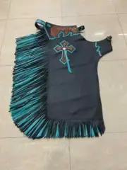 Western Black & Turquoise Top Grain Leather Bull Riding Rodeo Chaps