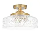 Gold Semi Flush Mount Ceiling Light, 3-Light Close to Ceiling Light with Glob...