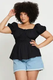 Black Peplum Top Short Sleeve Ruched