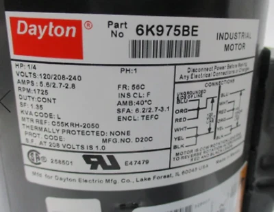 DAYTON 6K975BE GP AC Motor 1/4 HP 1725 RPM 56C TEFC FOOTLESS - LAST ONE!!