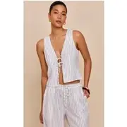 Cream Pinstriped Tie Front Top, Cream