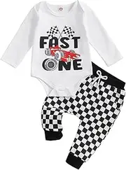 [Dcohmch] First/1st Birthday Boy Outfit Race Car Theme Long Sleeve Romper Checkerboard Pant One Year Old Boys Clothes Set