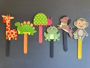 Handmade Colorful Animal Wooden Bookmarks or Hand Puppets, Set of 6, New