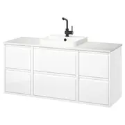 ÄNGSJÖN / BACKSJÖN wash-stand/wash-basin/tap, high-gloss white/white marble effect, 142x49x71 cm