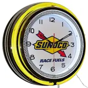 19" Sunoco Race Fuels Gas Motor Oil Double Neon Clock Garage Decor (Yellow)