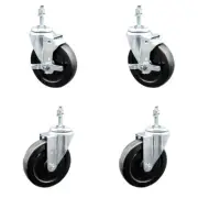 5 Inch SS Hard Rubber Wheel Swivel 3/8 Inch Threaded Stem Caster Set 2 Brakes