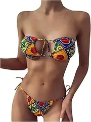 [Generic] Beachwear Geometric Boho Tie Women Swimsuit Bandeau Side Print Bikini Sexy Style Swimwears Tankinis Set Swimming Suits for Women