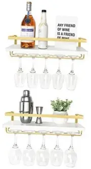 Wall Mounted Wine Rack Set of 2 White Wood Wine Bottle Glass Holder Floating