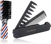 2 Pcs Folding Hair Comb for Men with Barber Brush Set, 2 in 1 Pocket Combs - Fine Tooth Comb & Wide Tooth Comb, Fade Brush and Styling Comb for Beards and Mustaches (Blue)