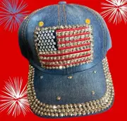 Bling silver rhinestone sparkle studded hat Denim USA Flag Patch baseball cap