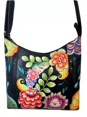 Anuschka Hand Painted Leather Shoulder Bag W/ Accessories-Retro Bouquet-NWT