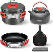 Alocs Camping Cookware, Portable Camping Pots and Pans Set with Camping Kettle, Lightweight Camping Cooking Set for Outdoor Backpacking Camping Hiking Picnic, Included Mesh Carry Bag