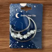 NWT 2 Inch Zodiac Gold Plated Metal Imitation Pearl Half Moon Hair Clip Barrette