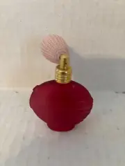 VINTAGE SMALL BURGUNFY FROSTED GLASS PERFUME BOTTLE WITH PINK ATOMIZER 3" HIGH