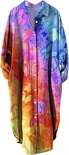 [Generic] Linen Dress Women Sleeve Pockets Floral Art Pattern Print Vintage Long Shirt Casual Dress Womens Casual Dresses Plus Size