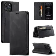 AutSpace For Apple iPhone 12 Pro Case RFID Blocking Retro Flip Premium Leather Card Holder Wallet Cover - Black