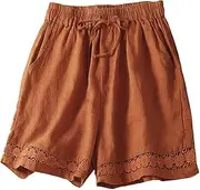 [Generic] Womens Casual Linen Shorts Summer Elastic High Waisted Yoga Shorts Baggy Comfy Lace Beach Pants with Pockets 2025