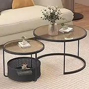 Nesting Coffee Table Set, Hollow Bottom Frame Storage, 2 in 1 Round Stacking Side Tables, for Living Room Bedroom Living Room, Office(Black+Brown,27in+22in)