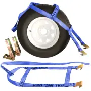 TWO Blue DEMCO Car Basket Straps w/ Ratchets Tow Dolly Wheel Net Tire Flat Hook