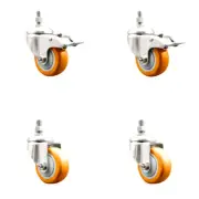 3.5 Inch 316SS Orange Poly 3/8 Inch Threaded Stem Caster Set 2 Brake