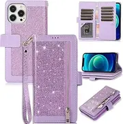 KUDEX Wallet Case for iPhone 14 Pro Max, Bling Glitter Sparkly Leather Flip Folio Magnetic Kickstand Zipper Wallet Purse Case with Card Holder Wrist Strap for iPhone 14 Pro Max - 6.7 Inch(Purple)