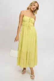 Yellow Maxi Dress Ruched Detail - Size 16XL, Women's Maxi Dress
