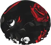 Black White And Red Roses Print Shower Cap For Women Men Reusable Lightweight Soft Bath Hair Cap With Elastic Band
