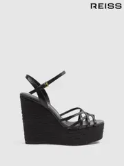 Reiss Black Elle Leather Raffia Platform Wedge Heels (980012) | $380