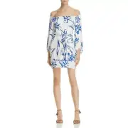 Gorgeous BARDOT Tash White Print 3/4 Sleeves Mini Shirt Dress Off Shoulder US 8