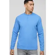 Mens Blue Regular Fit Long Sleeve Contrast Waffle Button Neck T-Shirt
