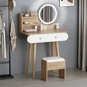 ‌ALFORDSON Compact Dressing Table & Stool Set, Small Makeup Desk with Adjustable LED Light Mirror, Storage Space & Stool for Bedrooms, Wood White