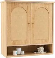 Giantex Medicine Cabinet w/ 2 Rattan Doors, 3-Tier Wall Mounted Bathroom Cabinet Over The Toilet, Hanging Wall Storage Cupboard for Laundry Room Kitchen Entryway, Natural