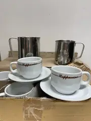 Cappuccino Cup and Saucer Set of 6, Includes Two Milk Frothing Pitchers