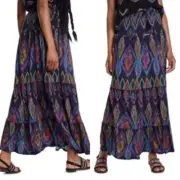 Desigual Maxi Skirt Tiered Ikat Print Drawcord Waist US Large New