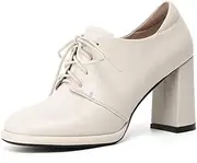 [TinaCus] Women's Genuine Leather Square Toe Handmade Lace-Up High Chunky Heels Chic Oxford Shoes with Platform