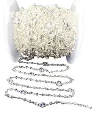 Clear Quartz Bezel Rosary Chain, 3mm Faceted Beads, Silver, Jewelry Supplies
