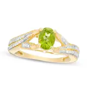 Oval Peridot and Natural Diamond Accent Antique Vintage-Style Split Shank Ring in Sterling Silver with Solid 14K Gold Plate