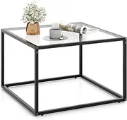 [Giantex] Glass Coffee Table, 70cm Modern Square Coffee Table with Metal Frame, Minimalist Center Table Cocktail Table for Living Room, Home, Office, Small Space (No Mesh Shelf, Transparent & Black)