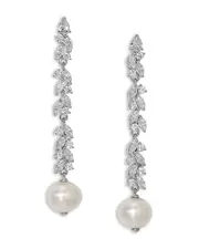 Nadri Sav Cubic Zirconia Cluster & Cultured Freshwater Pearl Linear Drop Earrings in Rhodium Plated
