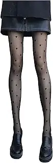 [VIGUEUR] Heart Patterned Tights - Black High Waist Pantyhose Sheer for Women, Black, One Size