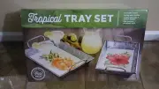 Tropical Tray Set, 2 Piece Metal Serving Trays - Hibiscus & Pineapple