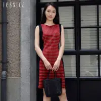 在飛比找momo購物網優惠-【JESSICA】修身顯瘦千鳥格紋拼色無袖洋裝233379（